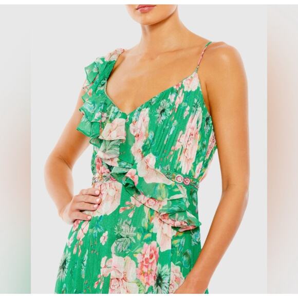 Mac Duggal Floral Print Ruffled Wrap Over a Line Gown Green Size 8 NWT - Picture 7 of 14
